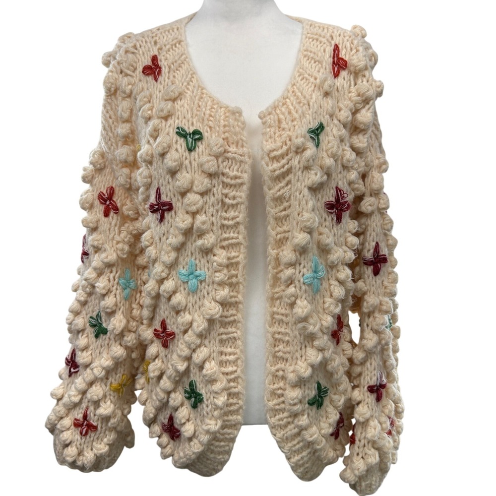SAACHI Aria Popcorn Knit Chunky Cardigan Size L Cross Stitch Pom Pom Flowers - Picture 6 of 12